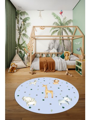 Evdeya Dijital Baskılı Kaymaz Yıkanabilir Zürafa Fil Aslan Yuvarlak Çocuk Odası Halısı, Y-Çocuk-35-Mavi,