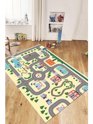 Evdeya Trafik Yollu Arabalı Yıkanabilir Eğlendirici Çocuk Odası Oyun Halısı, Çocuk-47-Krem,