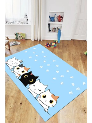Evdeya Sevimli Kediler Baskılı Yıkanabilir Kaymaz Çocuk Odası Halısı, Çocuk-49-Mavi,