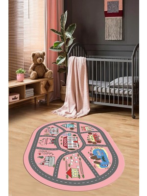 Evdeya Dijital Baskılı Kaymaz Yıkanabilir Trafik Araba Yollu Oval Çocuk Odası Halısı, O-Çocuk-02-Pembe,