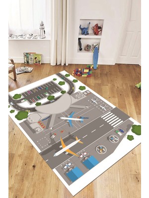Evdeya Havalimanı Uçak Temalı Eğitici Eğkendirici Çocuk Odası Oyun Halısı, Çocuk-50-Beyaz,