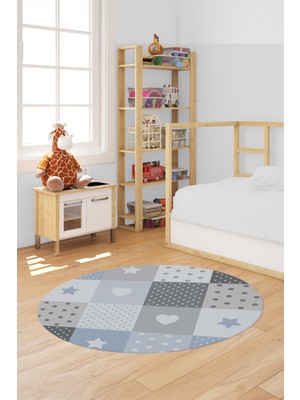 Evdeya Dijital Baskılı Kaymaz Yıkanabilir Yıldız Kalp Desenli Yuvarlak Çocuk Odası Halısı, Y-Çocuk-10-Mavi,