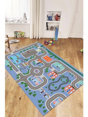 Evdeya Trafik Yollu Arabalı Yıkanabilir Eğlendirici Çocuk Odası Oyun Halısı, Çocuk-47-Mavi,