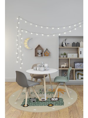 Evdeya Dijital Kaymaz Yıkanabilir Otobüs Safari Desenli Yuvarlak Çocuk Odası Halısı, Y-Çocuk-01-Yeşil,