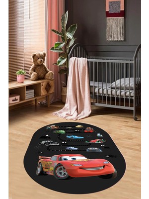 Evdeya Dijital Kaymaz Yıkanabilir Renkli Arabalar Eğitici Oval Çocuk Odası Halısı, O-Çocuk-03-Antrasit,