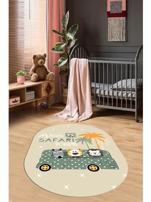 Evdeya Dijital Baskılı Kaymaz Yıkanabilir Otobüs Safari Desen Oval Çocuk Odası Halısı, O-Çocuk-01-Yeşil,