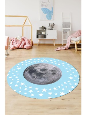 Evdeya Dijital Kaymaz Taban Yıkanabilir Yıldız Ay Desen Yuvarlak Çocuk Odası Halısı, Y-Çocuk-27-Mavi,