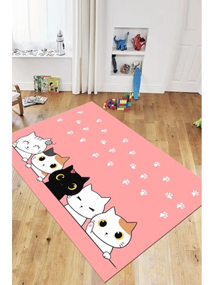 Evdeya Sevimli Kediler Baskılı Yıkanabilir Kaymaz Çocuk Odası Halısı, Çocuk-49-Pembe,