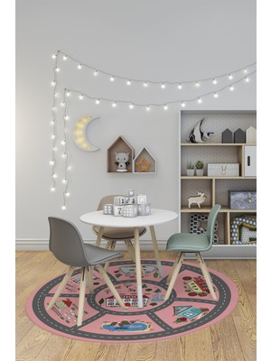 Evdeya Dijital Kaymaz Yıkanabilir Trafik Araba Yollu Yuvarlak Çocuk Odası Halısı, Y-Çocuk-02-Pembe,