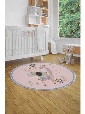 Evdeya Dijital Kaymaz Yıkanabilir Zürafa Maymun Fil Desen Yuvarlak Çocuk Odası Halısı, Y-Çocuk-21-Pembe,
