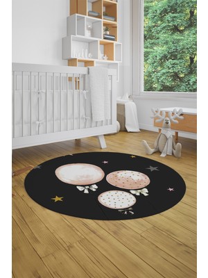 Evdeya Dijital Kaymaz Yıkanabilir Balon Yıldız Desenli Yuvarlak Çocuk Odası Halısı, Y-Çocuk-24-Antrasit,