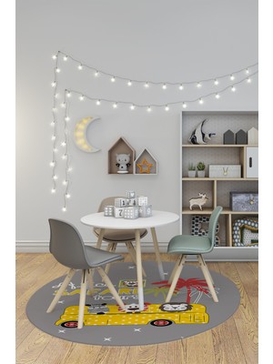 Evdeya Dijital Kaymaz Yıkanabilir Otobüs Safari Desenli Yuvarlak Çocuk Odası Halısı, Y-Çocuk-01-Sarı,