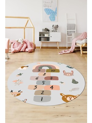 Evdeya Dijital Kaymaz Yıkanabilir Sek Sek Desen Eğlendirici Yuvarlak Çocuk Halısı, Y-Çocuk-29-Gri,