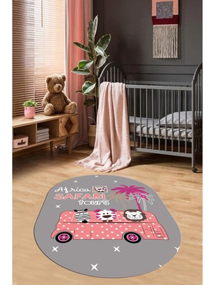 Evdeya Dijital Baskılı Kaymaz Yıkanabilir Otobüs Safari Desen Oval Çocuk Odası Halısı, O-Çocuk-01-Pembe,