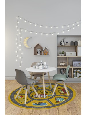 Evdeya Dijital Kaymaz Yıkanabilir Trafik Araba Yollu Yuvarlak Çocuk Odası Halısı, Y-Çocuk-02-Sarı,