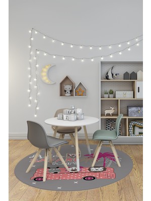 Evdeya Dijital Kaymaz Yıkanabilir Otobüs Safari Desenli Yuvarlak Çocuk Odası Halısı, Y-Çocuk-01-Pembe,