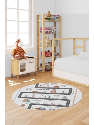 Evdeya Kaymaz Taban Yıkanabilir Trafik Yollu Eğlendirici Yuvarlak Çocuk Odası Halısı, Y-Çocuk-16-Beyaz,