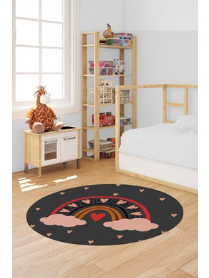 Evdeya Kaymaz Taban Yıkanabilir Kalpli Gökküşağı Desenli Yuvarlak Çocuk Odası Halısı, Y-Çocuk-15-Antrasit,