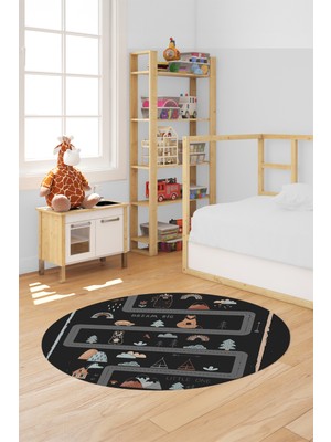 Evdeya Kaymaz Taban Yıkanabilir Trafik Yollu Eğlendirici Yuvarlak Çocuk Odası Halısı, Y-Çocuk-16-Antrasit,