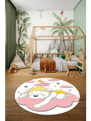 Evdeya Dijital Kaymaz Yıkanabilir Sevimli Ayıcık Desen Yuvarlak Çocuk Odası Halısı, Y-Çocuk-34-Pembe,