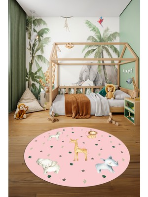 Evdeya Dijital Baskılı Kaymaz Yıkanabilir Zürafa Fil Aslan Yuvarlak Çocuk Odası Halısı, Y-Çocuk-35-Pembe,