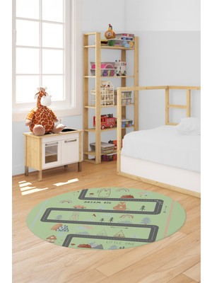 Evdeya Kaymaz Taban Yıkanabilir Trafik Yollu Eğlendirici Yuvarlak Çocuk Odası Halısı, Y-Çocuk-16-Yeşil,