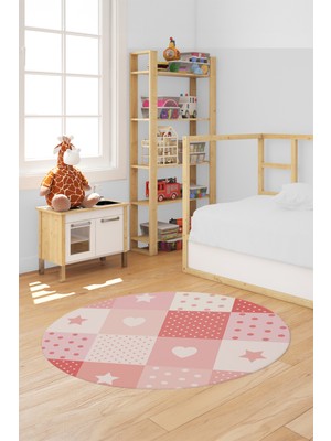 Evdeya Dijital Baskılı Kaymaz Yıkanabilir Yıldız Kalp Desenli Yuvarlak Çocuk Odası Halısı, Y-Çocuk-10-Pembe,