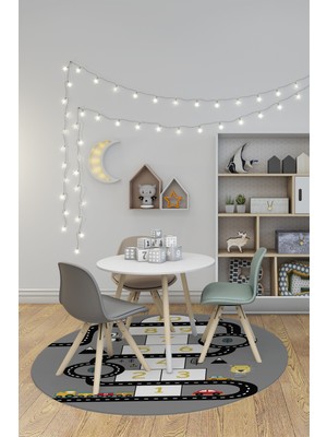 Evdeya Dijital Kaymaz Yıkanabilir Seksek Trafik Yollu Yuvarlak Çocuk Odası Halısı, Y-Çocuk-06-Gri,
