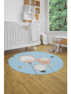 Evdeya Dijital Kaymaz Yıkanabilir Balon Yıldız Desenli Yuvarlak Çocuk Odası Halısı, Y-Çocuk-24-Mavi,