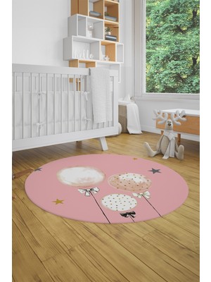 Evdeya Dijital Kaymaz Yıkanabilir Balon Yıldız Desenli Yuvarlak Çocuk Odası Halısı, Y-Çocuk-24-Pembe,