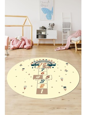Evdeya Dijital Kaymaz Yıkanabilir Sek Sek Eğlendirici Yuvarlak Çocuk Odası Halısı, Y-Çocuk-30-Krem,