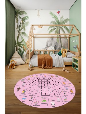 Evdeya Sek Sek Desen Ingilizce Öğretici Eğitici Yuvarlak Çocuk Odası Oyun Halısı, Y-Çocuk-36-Pembe,