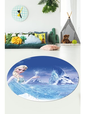 Evdeya Dijital Kaymaz Yıkanabilir Çizgifilm Temalı Kız Yuvarlak Çocuk Odası Halısı, Y-Çocuk-43-Mavi,