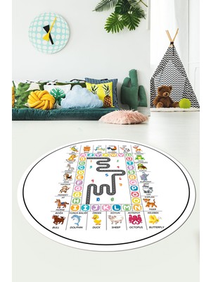 Evdeya Ingilizce Harf ve Hayvan Temalı Eğitici Yuvarlak Çocuk Odası Oyun Halısı, Y-Çocuk-44-Beyaz,