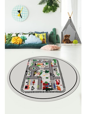 Evdeya Trafik Yollu Arabalı Yıkanabilir Eğlendirici Yuvarlak Çocuk Odası Oyun Halısı, Y-Çocuk-46-Gri,