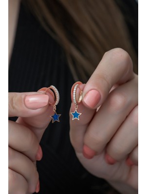 Nereze 925 Ayar Mavi Mineli Yıldız Küpe Kadın Gümüş Küpe