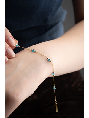 Nereze 925 Ayar Gümüş Gold Kaplama 5'lü Minik Nazar  Bileklik