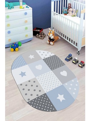 Evdeya Dijital Baskılı Kaymaz Yıkanabilir Yıldız Kalp Desenli Oval Çocuk Odası Halısı, O-Çocuk-10-Mavi,