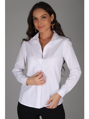 Swetness Sweetness Kadın Beyaz Gizli Düğme Likralı Uzun Kol Pamuklu Klasik Gömlek