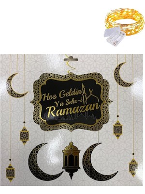 Masho Trend Gold-Siyah Hoşgeldin Ya Şehri Ramazan Tavan Süs + LED - Hoşgeldin Ramazan Banner Ramazan Sarkıt