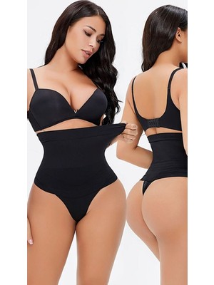 Secret Moda Ekstra Yüksek Bel Silikonlu Dikişsiz Iz Yapmaz Lazer Kadın String Tanga Korse Siyah
