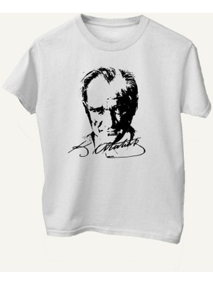Çapıt %100 Pamuk Standart Kesim Sıfır Yaka Kısa Kollu Siyah Atatürk Baskılı Beyaz 23 Nisan Çocuk T-Shirt