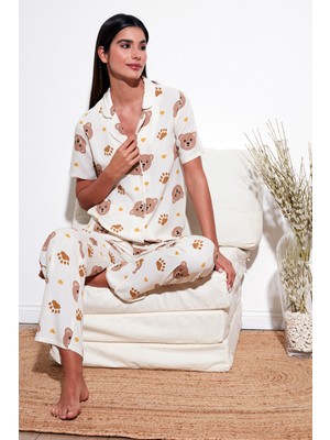 Lela Rahat Kesim Bol Paça Mono Yaka Kısa Kollu Pijama Takımı Bayan Pijama Takımı 6110290