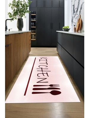 Evdeya Kitchen Yazılı Kaşık Çatal Bıçak Desenli Yıkanabilir Mutfak Halısı, Mutfak-49-Pembe,
