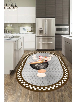 Evdeya Aşçı Horoz Desenli Yıkanabilir Kaymaz Taban Oval Mutfak Halısı, O-Mutfak-08-Kahve,
