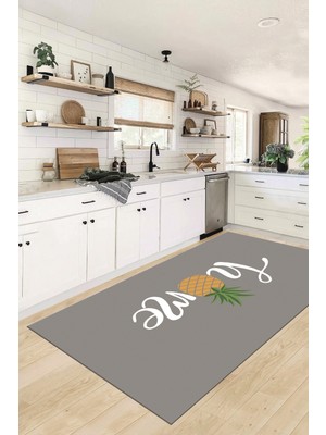 Evdeya Home Yazılı Ananas Desenli Yıkanabilir Kaymaz Mutfak Halısı, Mutfak-31-Gri,