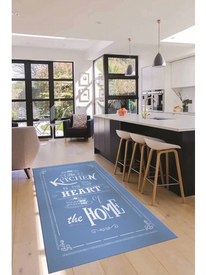 Evdeya Kitchen Home Yazılı Kaymaz Taban Yıkanabilir Mutfak Halısı, Mutfak-15-Mavi,
