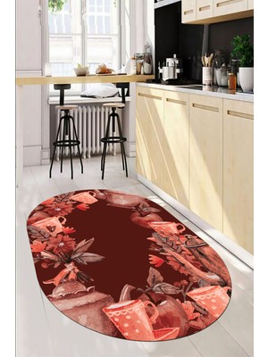 Evdeya Dijital Baskılı Kaymaz Taban Renkli Fincan Motifli Oval Mutfak Halısı, O-Mutfak-25-Bordo,