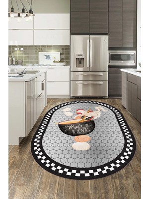 Evdeya Aşçı Horoz Desenli Yıkanabilir Kaymaz Taban Oval Mutfak Halısı, O-Mutfak-08-Siyah,