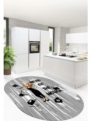 Evdeya Dijital Baskılı Kaymaz Taban Yıkanabilir Renkli Desenli Oval Mutfak Halısı, O-Mutfak-39-Gri,